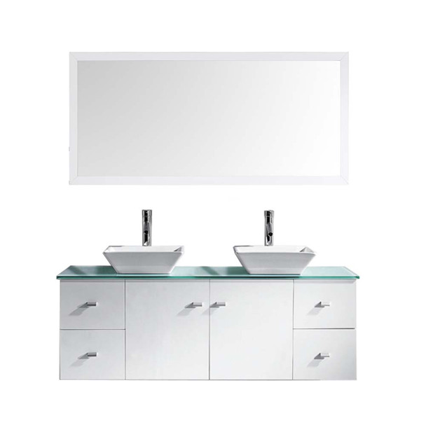 Virtu USA MD-435-G-WH Clarissa 61" Double Bath Vanity in White with Aqua Tempered Glass Top and Square Sink with Polished Chrome Faucet and Mirrors