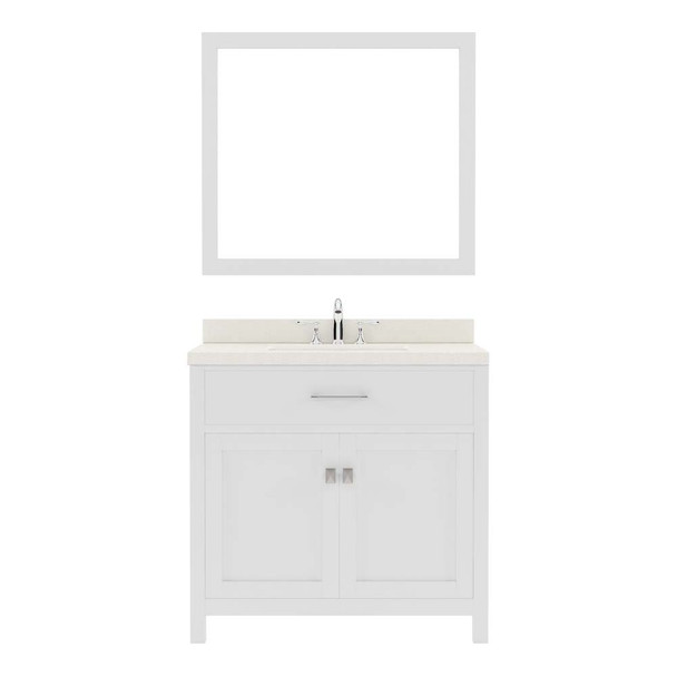 Virtu USA MS-2036-DWQRO-WH-001 Caroline 36" Single Bath Vanity in White with Dazzle White Top and Round Sink with Brushed Nickel Faucet and Mirror