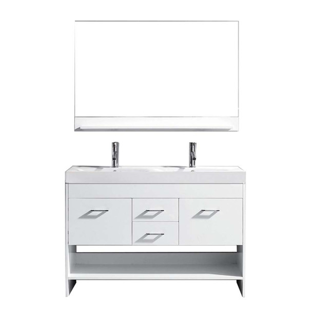 Virtu USA MD-423-C-WH Gloria 48" Double Bath Vanity in White with White Ceramic Top and Square Sink with Polished Chrome Faucet and Mirror