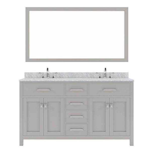 Virtu USA MD-2060-WMSQ-CG-002 Caroline 60" Double Bath Vanity in Cashmere Grey with Marble Top and Square Sink with Polished Chrome Faucet and Mirror