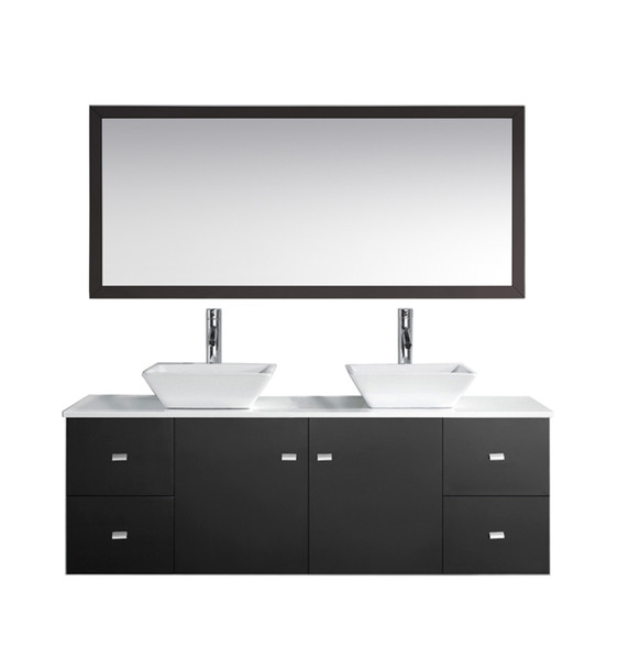 Virtu USA MD-435-S-ES-001 Clarissa 61" Double Bath Vanity in Espresso with White Engineered Stone Top and Square Sink with Brushed Nickel Faucet and Mirrors