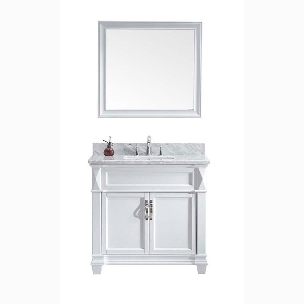 Virtu USA MS-2636-WMSQ-WH-001 Victoria 36" Single Bath Vanity in White with Marble Top and Square Sink with Brushed Nickel Faucet and Mirror