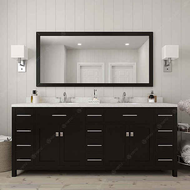 Virtu USA MD-2178-DWQSQ-ES-002 Caroline Parkway 78" Double Bath Vanity in Espresso with Dazzle White Top and Square Sink with Polished Chrome Faucet and Mirror
