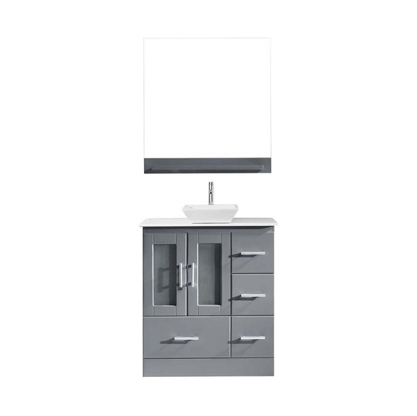 Virtu USA MS-6730-S-GR-001 Zola 30" Single Bath Vanity in Grey with White Engineered Stone Top and Square Sink with Brushed Nickel Faucet and Mirror