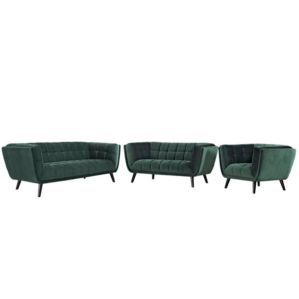 Modway Bestow 3 Piece Performance Velvet Sofa Loveseat and Armchair Set EEI-2978-GRN-SET Green