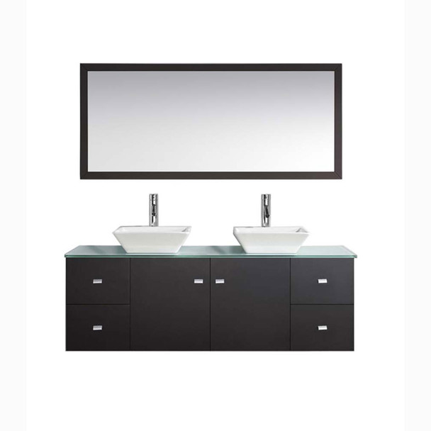 Virtu USA MD-435-G-ES-001 Clarissa 61" Double Bath Vanity in Espresso with Aqua Tempered Glass Top and Square Sink with Brushed Nickel Faucet and Mirrors