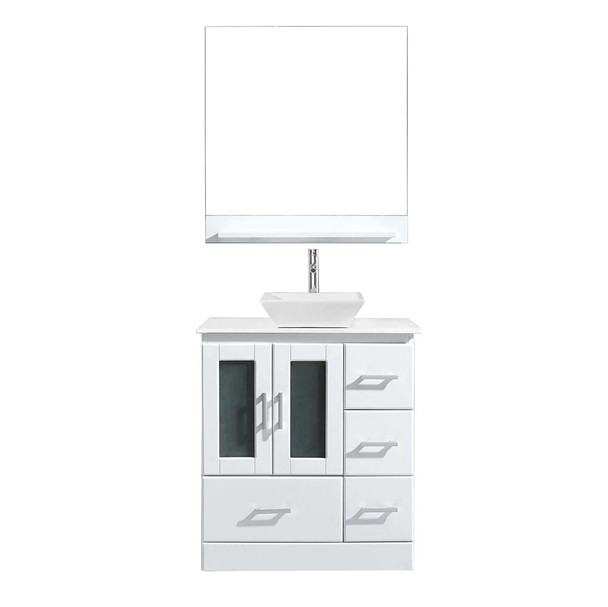 Virtu USA MS-6730-S-WH-001 Zola 30" Single Bath Vanity in White with White Engineered Stone Top and Square Sink with Brushed Nickel Faucet and Mirror