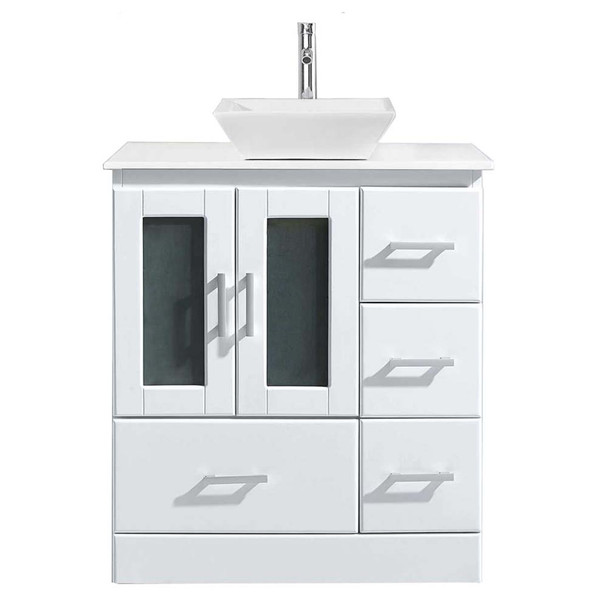 Virtu USA MS-6730-S-WH-NM Zola 30" Single Bath Vanity in White with White Engineered Stone Top and Square Sink with Polished Chrome Faucet