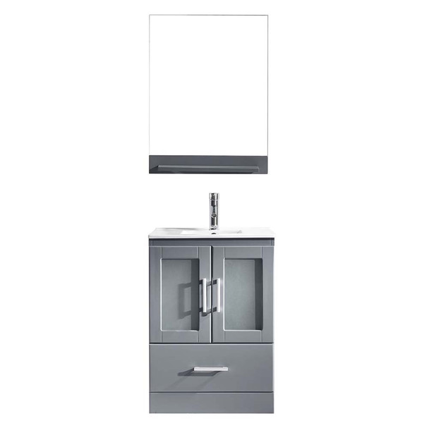 Virtu USA MS-6724-C-GR-001 Zola 24" Single Bath Vanity in Grey with Slim White Ceramic Top and Square Sink with Brushed Nickel Faucet and Mirror