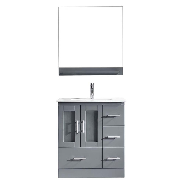 Virtu USA MS-6730-C-GR Zola 30" Single Bath Vanity in Grey with Slim White Ceramic Top and Square Sink with Polished Chrome Faucet and Mirror