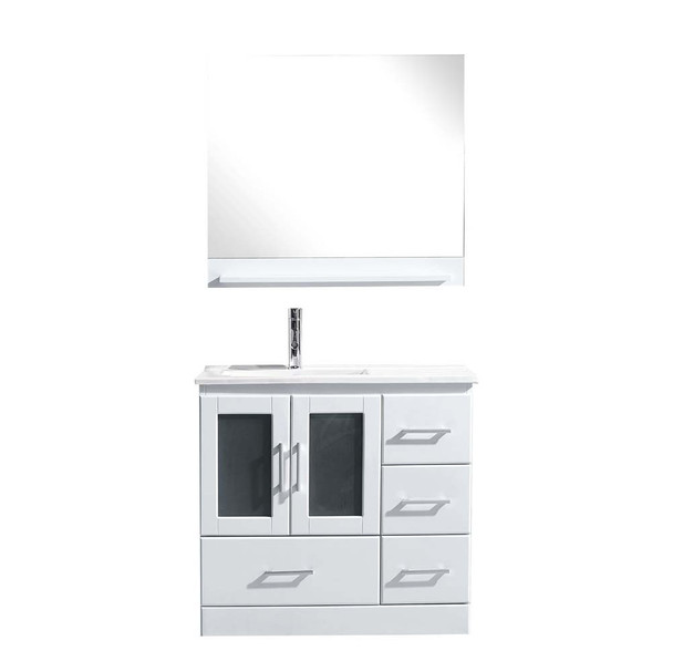 Virtu USA MS-6736-C-WH Zola 36" Single Bath Vanity in White with Slim White Ceramic Top and Square Sink with Polished Chrome Faucet and Mirror