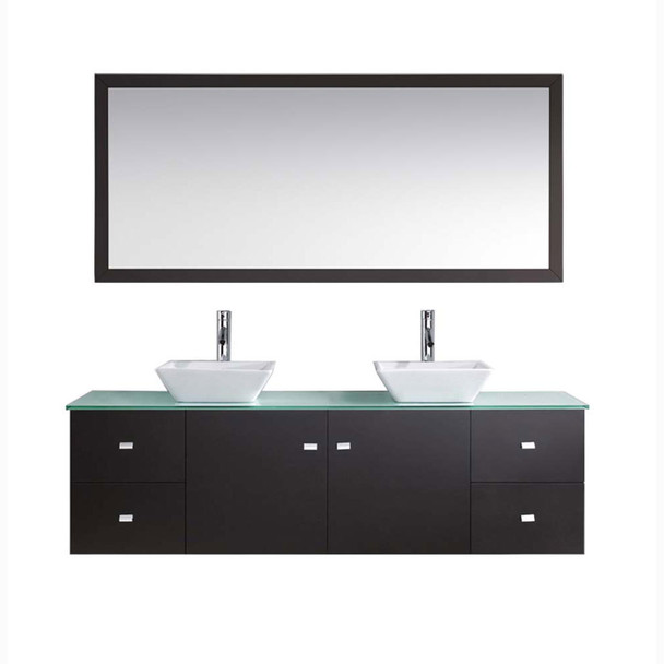Virtu USA MD-409-G-ES-001 Clarissa 72" Double Bath Vanity in Espresso with Aqua Tempered Glass Top and Square Sink with Brushed Nickel Faucet and Mirrors