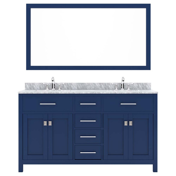 Virtu USA MD-2060-WMRO-FB-001 Caroline 60" Double Bath Vanity in White with White Marble Top and Round Sink with Brushed Nickel Faucet and Mirror