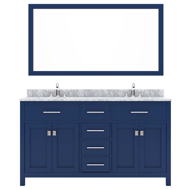 Virtu USA MD-2060-WMSQ-FB Caroline 60" Double Bath Vanity in White with White Marble Top and Square Sink with Mirror