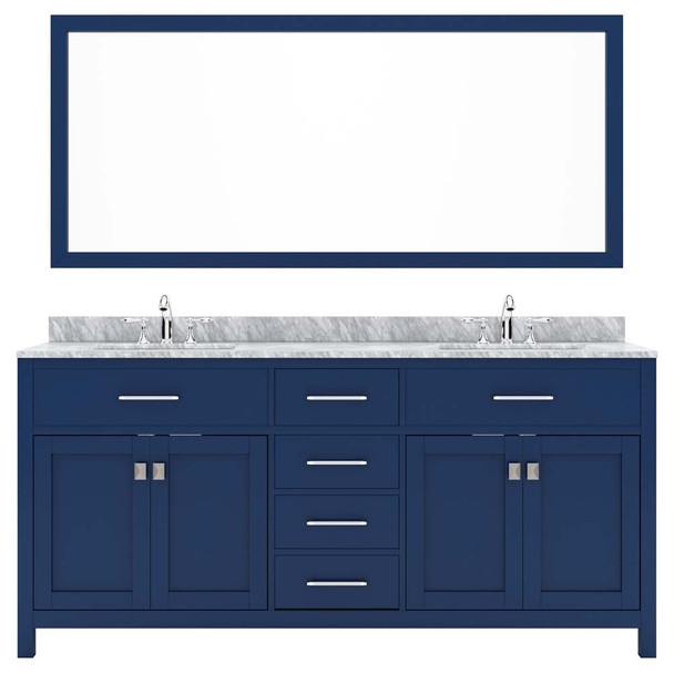Virtu USA MD-2072-WMRO-FB-002 Caroline 72" Double Bath Vanity in White with White Marble Top and Round Sink with Polished Chrome Faucet and Mirror