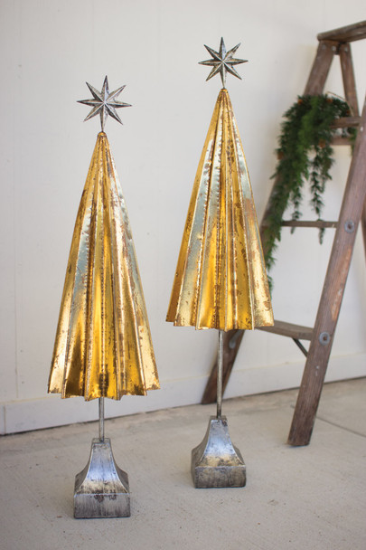 Kalalou Set Of 2 Folded Gold Metal Trees With Silver Star - CHE1178