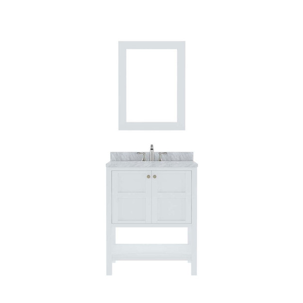 Virtu USA ES-30030-WMSQ-WH-001 Winterfell 30" Single Bath Vanity in White with Marble Top and Square Sink with Brushed Nickel Faucet and Mirror