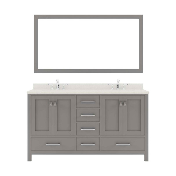 Virtu USA GD-50060-DWQSQ-CG Caroline Avenue 60" Double Bath Vanity in Cashmere Grey with Dazzle White Top and Square Sink with Mirror