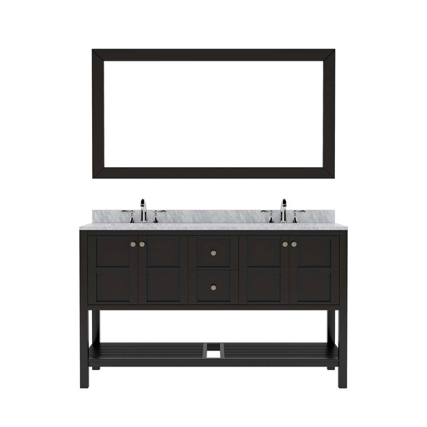 Virtu USA ED-30060-WMSQ-ES-002 Winterfell 60" Double Bath Vanity in Espresso with Marble Top and Square Sink with Polished Chrome Faucet and Mirror