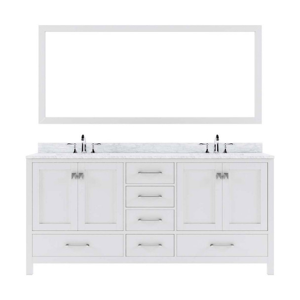 Virtu USA GD-50072-WMRO-WH Caroline Avenue 72" Double Bath Vanity in White with Marble Top and Round Sink with Mirror