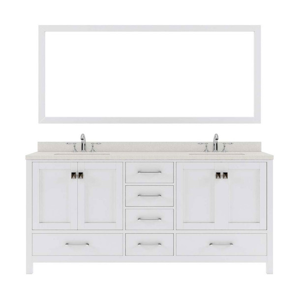 Virtu USA GD-50072-DWQRO-WH-002 Caroline Avenue 72" Double Bath Vanity in White with Dazzle White Top and Round Sink with Polished Chrome Faucet and Mirror