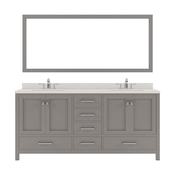 Virtu USA GD-50072-DWQSQ-CG Caroline Avenue 72" Double Bath Vanity in Cashmere Grey with Dazzle White Top and Square Sink with Mirror