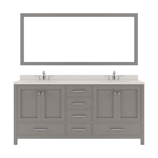 Virtu USA GD-50072-DWQRO-CG-002 Caroline Avenue 72" Double Bath Vanity in Cashmere Grey with Dazzle White Top and Round Sink with Polished Chrome Faucet and Mirror