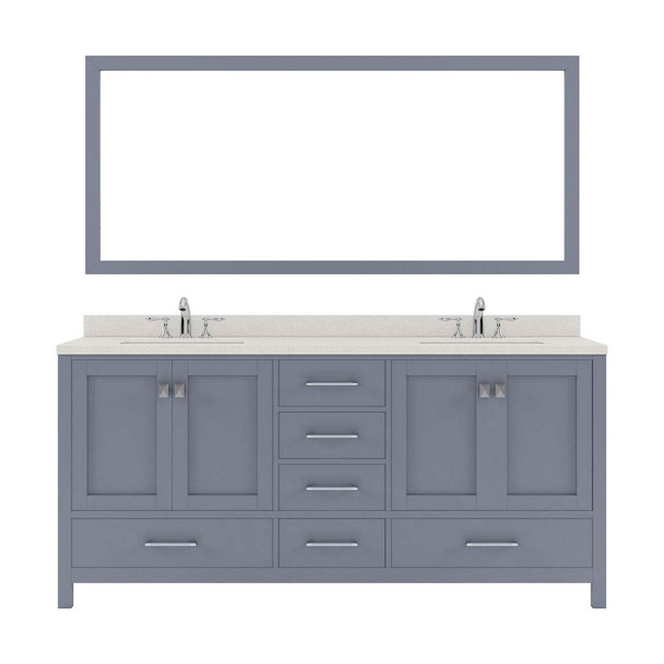 Virtu USA GD-50072-DWQRO-GR Caroline Avenue 72" Double Bath Vanity in Grey with Dazzle White Top and Round Sink with Mirror