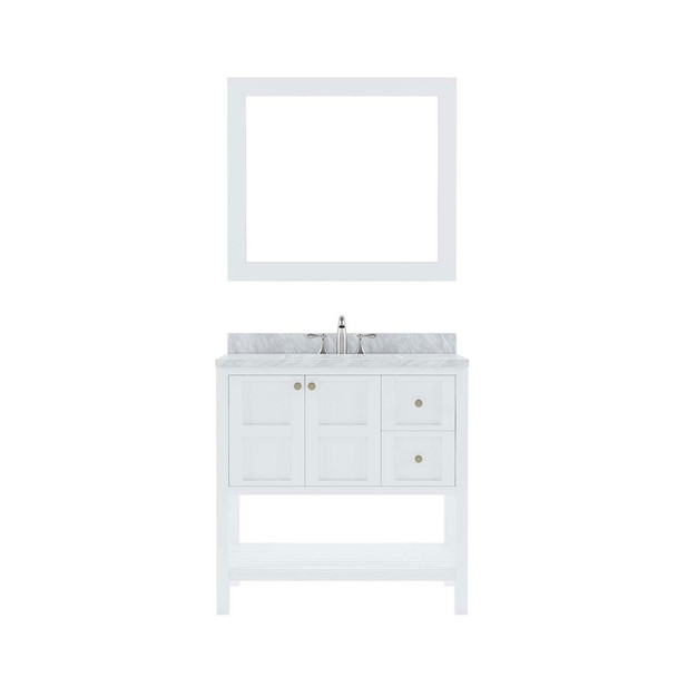 Virtu USA ES-30036-WMSQ-WH Winterfell 36" Single Bath Vanity in White with Marble Top and Square Sink with Mirror
