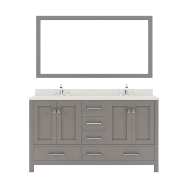 Virtu USA GD-50060-DWQRO-CG Caroline Avenue 60" Double Bath Vanity in Cashmere Grey with Dazzle White Top and Round Sink with Mirror