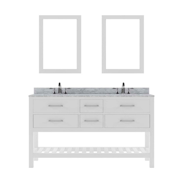 Virtu USA MD-2260-WMRO-WH-002 Caroline Estate 60" Double Bath Vanity in White with Marble Top and Round Sink with Polished Chrome Faucet and Mirrors