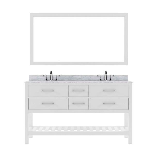 Virtu USA MD-2260-WMRO-WH-010 Caroline Estate 60" Double Bath Vanity in White with Marble Top and Round Sink with Mirror