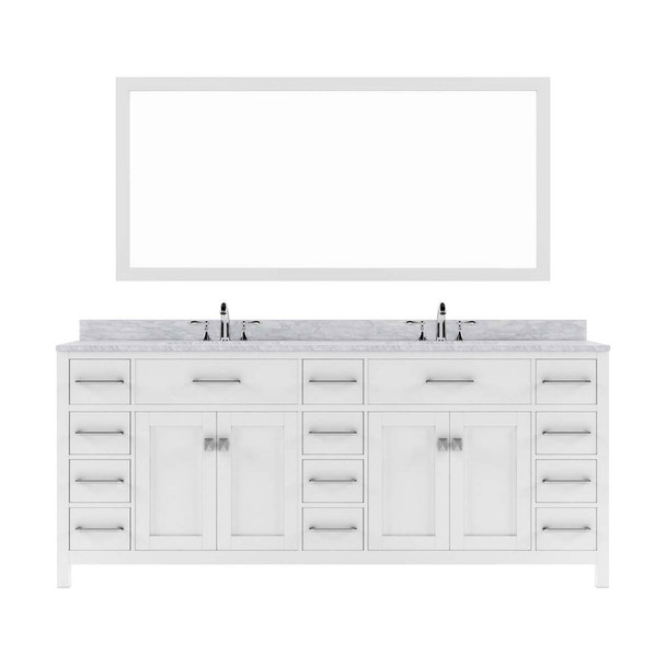 Virtu USA MD-2178-WMRO-WH Caroline Parkway 78" Double Bath Vanity in White with Marble Top and Round Sink with Mirror