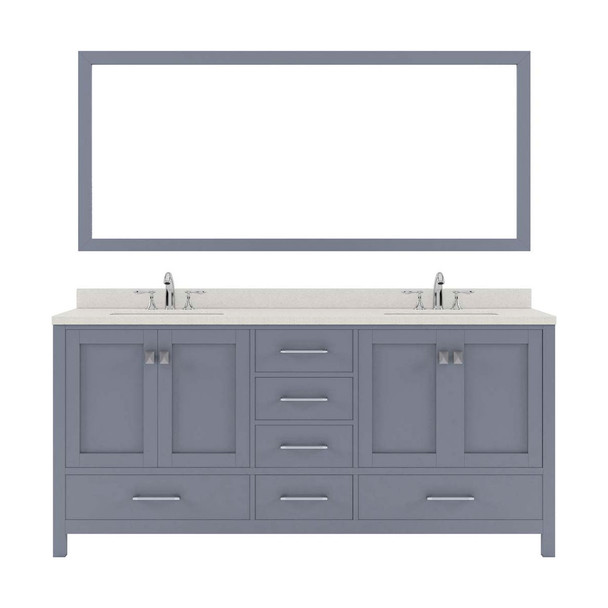Virtu USA GD-50072-DWQSQ-GR-001 Caroline Avenue 72" Double Bath Vanity in Grey with Dazzle White Top and Square Sink with Brushed Nickel Faucet and Mirror