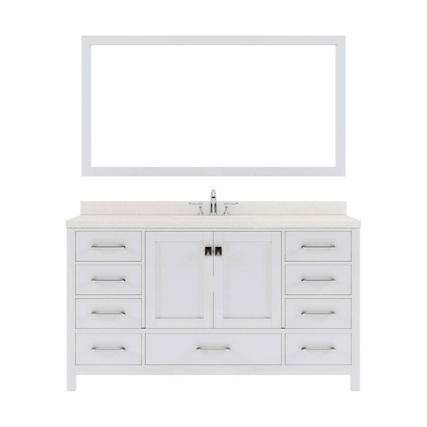 Virtu USA GS-50060-DWQRO-WH Caroline Avenue 60" Single Bath Vanity in White with Dazzle White Top and Round Sink with Mirror