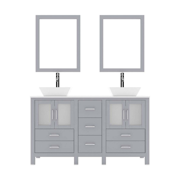 Virtu USA MD-4305-S-GR Bradford 60" Double Bath Vanity in Grey with White Engineered Stone Top and Square Sink with Polished Chrome Faucet and Mirrors