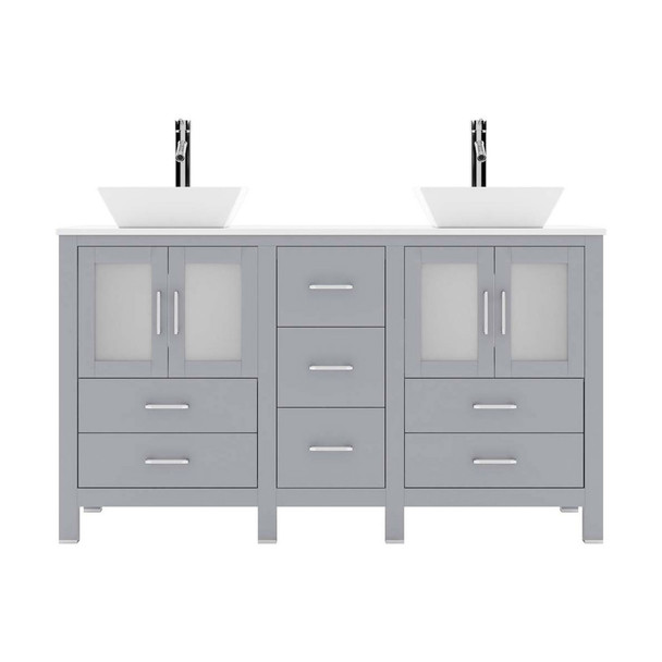 Virtu USA MD-4305-S-GR-NM Bradford 60" Double Bath Vanity in Grey with White Engineered Stone Top and Square Sink with Polished Chrome Faucet