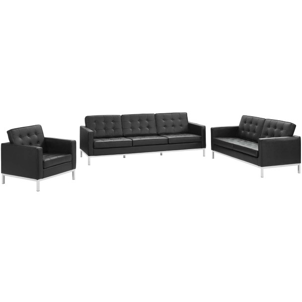 Modway Loft 3 Piece Leather Sofa Loveseat and Armchair Set EEI-3101-BLK-SET Black