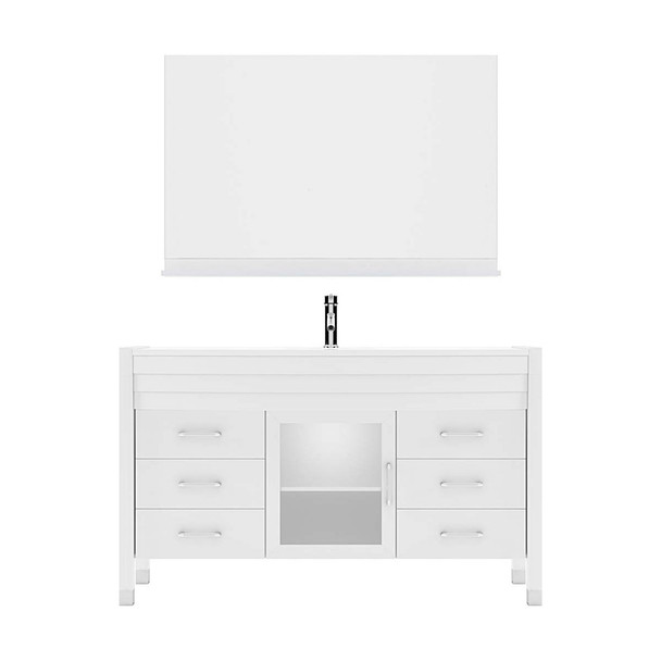 Virtu USA MS-5055-S-WH Ava 55" Single Bath Vanity in White with White Engineered Stone Top and Round Sink with Polished Chrome Faucet and Mirror