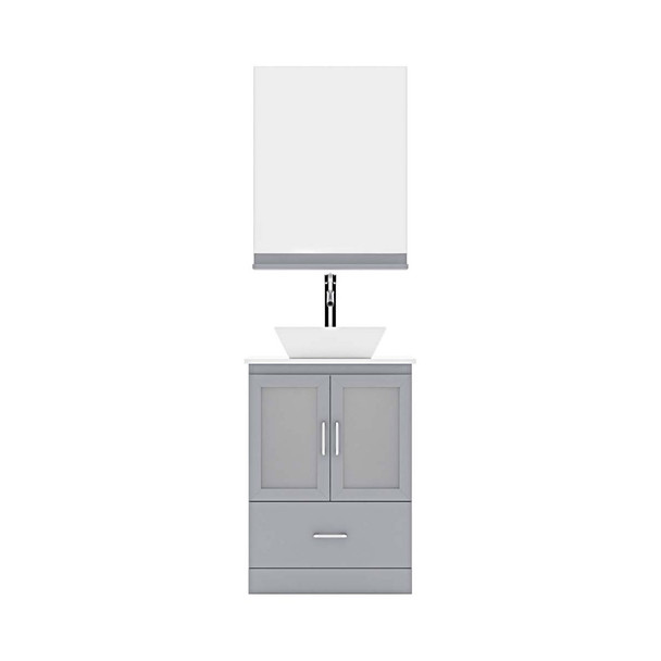 Virtu USA MS-6724-S-GR Zola 24" Single Bath Vanity in Grey with White Engineered Stone Top and Square Sink with Polished Chrome Faucet and Mirror