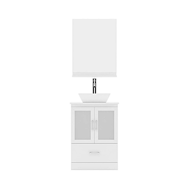 Virtu USA MS-6724-S-WH-001 Zola 24" Single Bath Vanity in White with White Engineered Stone Top and Square Sink with Brushed Nickel Faucet and Mirror