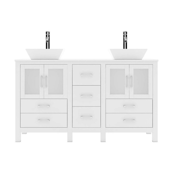 Virtu USA MD-4305-S-WH-NM Bradford 60" Double Bath Vanity in White with White Engineered Stone Top and Square Sink with Polished Chrome Faucet