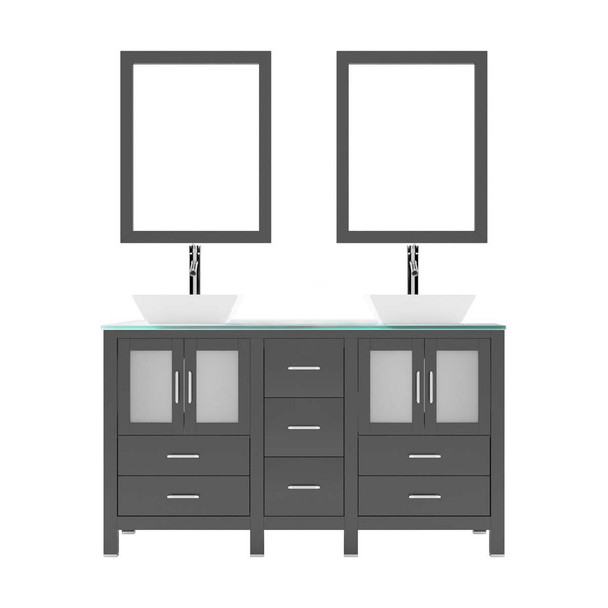 Virtu USA MD-4305-G-ES-001 Bradford 60" Double Bath Vanity in Espresso with Aqua Tempered Glass Top and Square Sink with Brushed Nickel Faucet and Mirrors
