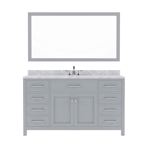 Virtu USA MS-2060-WMRO-GR-001 Caroline 60" Single Bath Vanity in Gray with Marble Top and Round Sink with Brushed Nickel Faucet and Mirror
