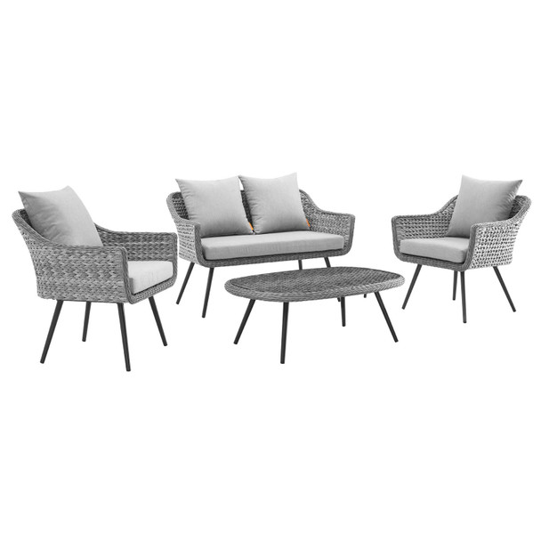 Modway Endeavor 4 Piece Outdoor Patio Wicker Rattan Loveseat Armchair and Coffee Table Set EEI-3177-GRY-GRY-SET Gray