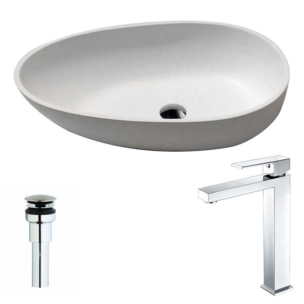 ANZZI Trident One Piece Solid Surface Vessel Sink In Matte White with Enti Faucet In Chrome - LSAZ606-096