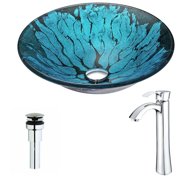ANZZI Key Series Deco-Glass Vessel Sink In Lustrous Blue And Black with Harmony Faucet In Chrome - LSAZ046-095