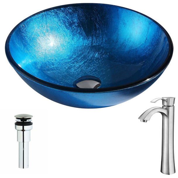 ANZZI Arc Series Deco-Glass Vessel Sink In Lustrous Light Blue with Harmony Faucet In Brushed Nickel - LSAZ078-095B