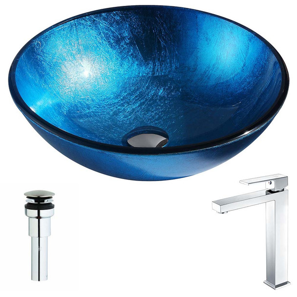 ANZZI Arc Series Deco-Glass Vessel Sink In Lustrous Light Blue with Enti Faucet In Polished Chrome - LSAZ078-096