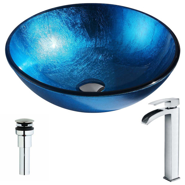 ANZZI Arc Series Deco-Glass Vessel Sink In Lustrous Light Blue with Key Faucet In Polished Chrome - LSAZ078-097